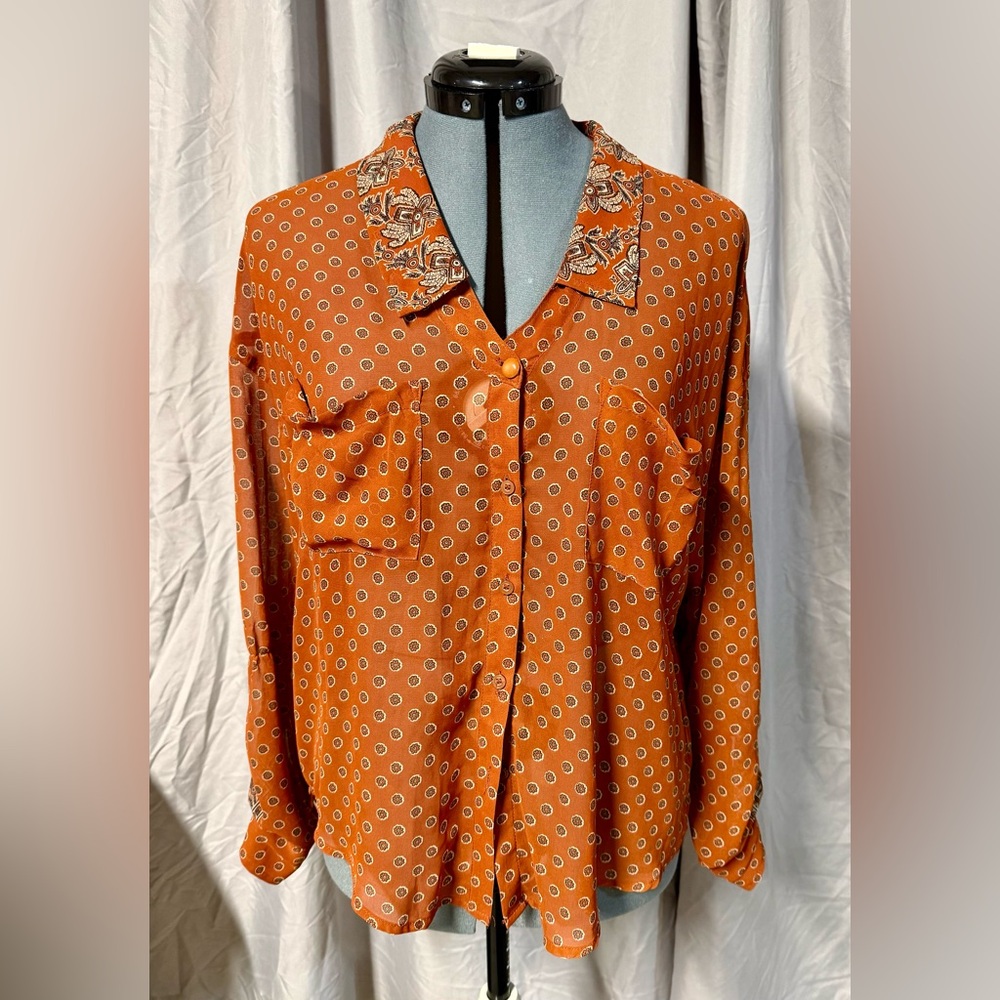 *Free People Sheer Orange Patterned Women's Top